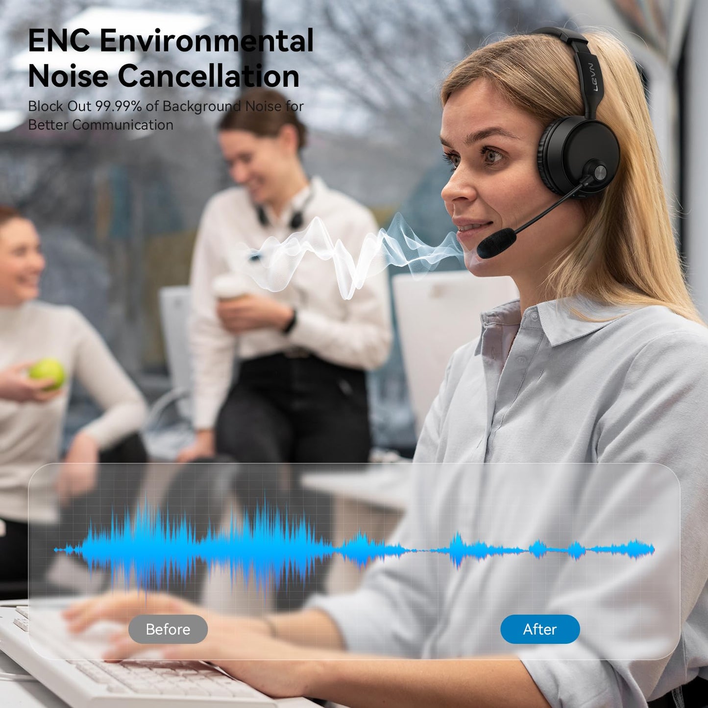 LEVN Bluetooth Headset with Microphone, Wireless Headset with Mic & Mute Button, 60 Hrs Working Time, Noise Cancelling Bluetooth Headphomes 5.3 Multipoint Connect to Cell Phone/Mobile/Laptop/Tablet/PC