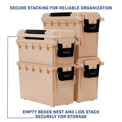 Sheffield 12627 Ammo Storage Box, Stackable .30 Cal Field Boxes, Water and Dust Resistant, Lockable Storage Box with Handle, Secures Hunting Gear, Supplies, and Bullets, Made in USA, Tan, 1-Pack