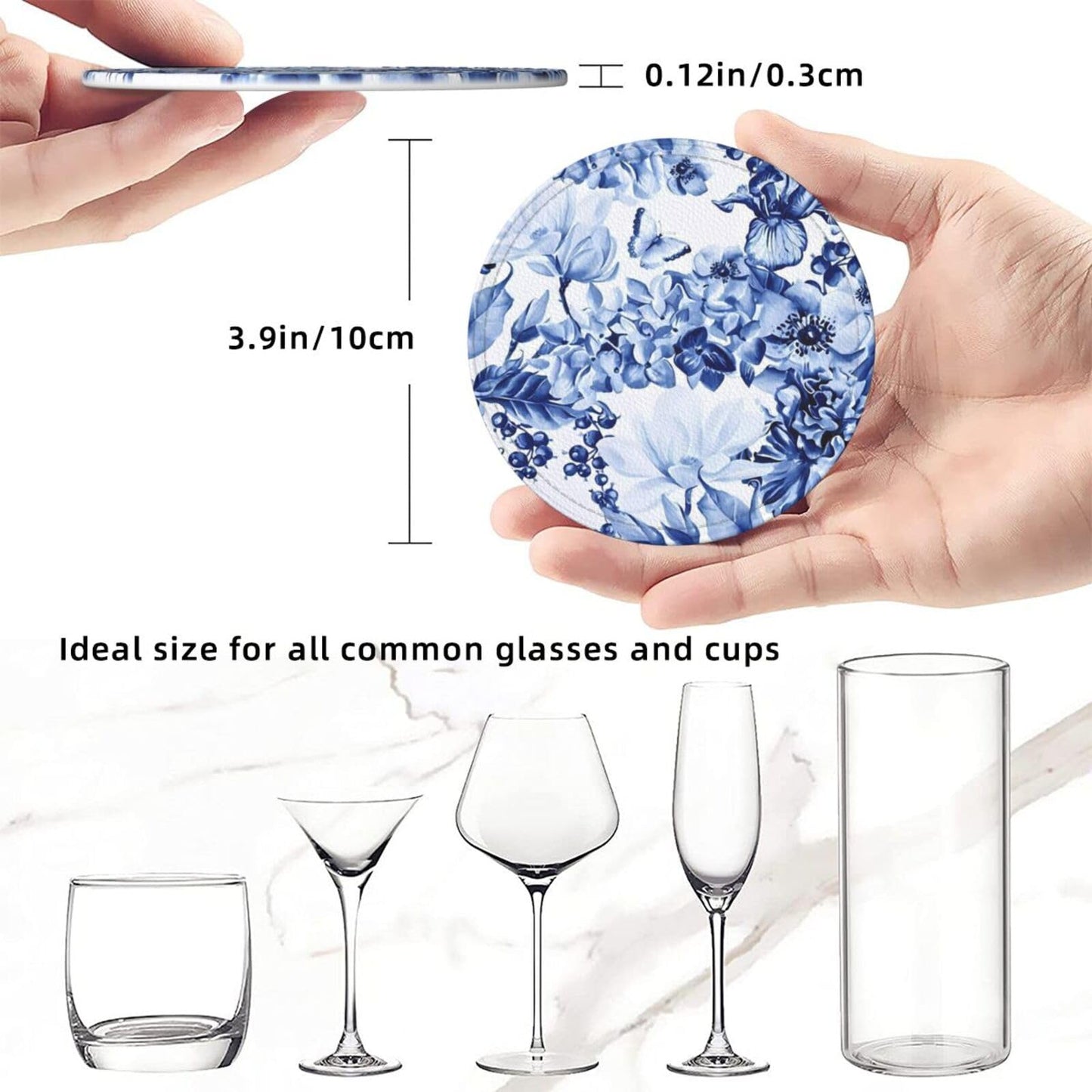 6 Pcs Blue and White Floral Leather Coasters for Drinks with Holder Coaster Sets Drink Table Cup Coasters for Living Room Kitchen Coffee Decor