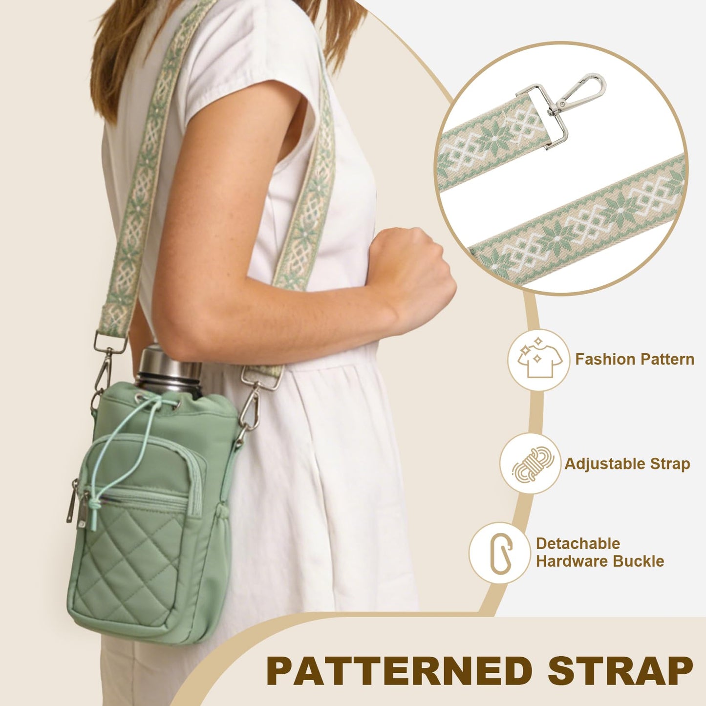 LLParty Water Bottle Holder with Strap, 32oz 40oz Insulated Water Bottle Carrier Bag, Purse Crossbody Sling Bag with Phone Pocket for Walking Hiking, Sage Green