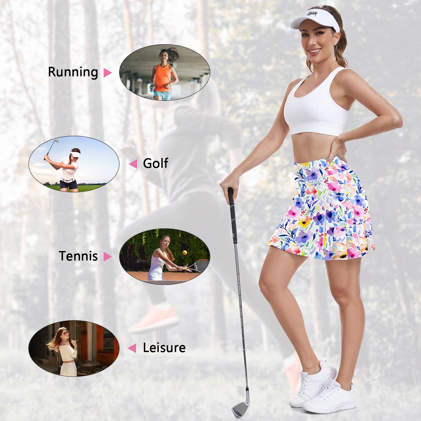 WOWENY Women's Athletic Tennis Skorts Summer Skirts for Women Running Golf Pickleball Skort Active Wear with Pockets(Multicolor Flower,M)