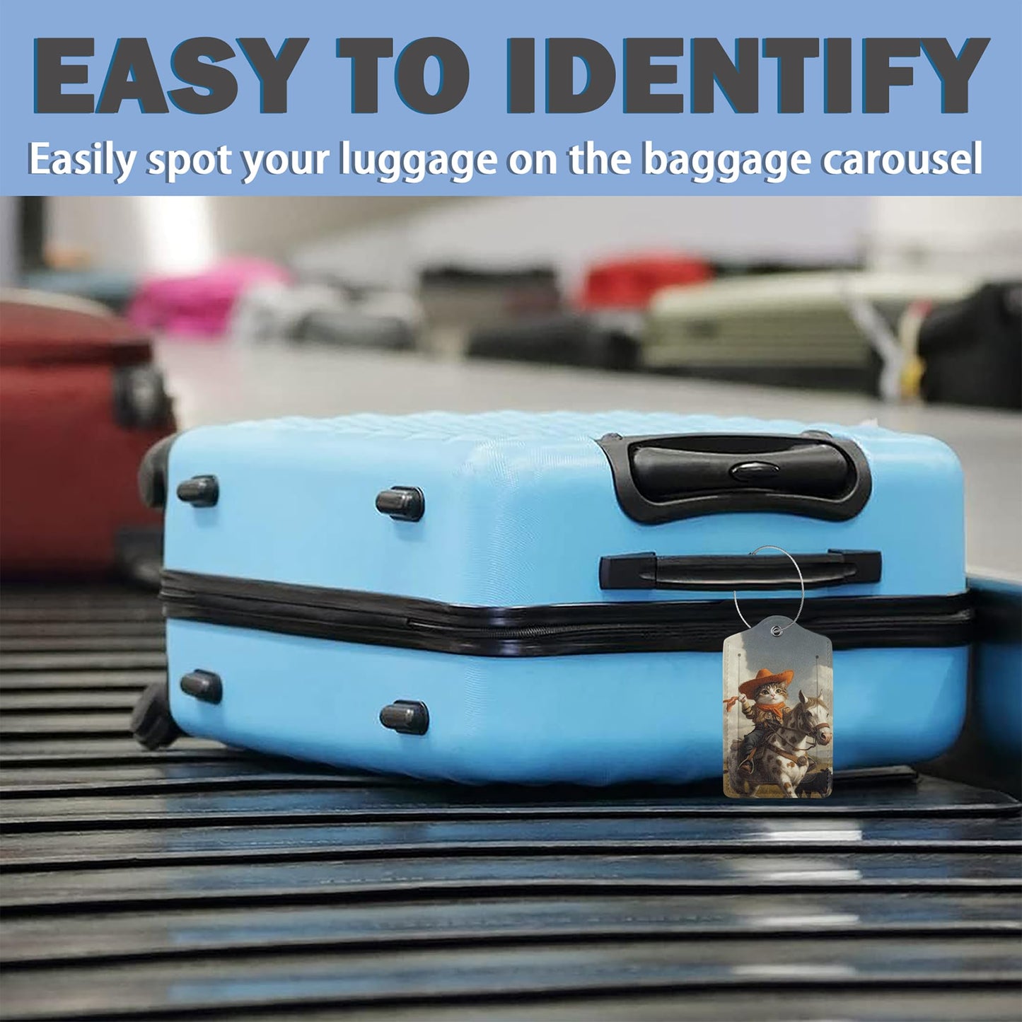 3 Pack Luggage Tag for Suitcase Leather Travel Cruise Luggage Tag with Stainless Steel Loop Name ID Label Privacy Cover for Adults Teens Travel Bag Labels Set (Cowboy Cat)