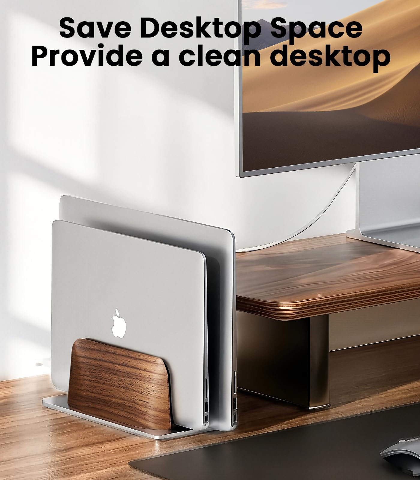 LOXP Vertical Laptop Stand, [Dual Slot Wooden + Aluminum Laptop Holder], Desktop Adjustable MacBook Stand, Adjustable Base, for MacBook Pro/Air, (up to 17.3-inch All laptops)