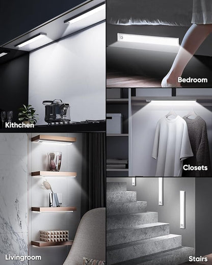 Under Cabinet Lights, 14'' LED Rechargeable Battery Operated Motion Activated Night Light Indoor, 3200mAh Magnetic Dimmable Closet Lights, 6500K Wireless Under Counter Light for Kitchen, Stair, 3 Pack