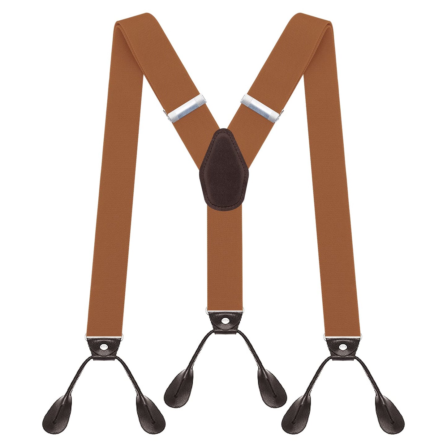 AYOSUSH Button End Suspenders for Men Leather Brown Soild Color Classic Business