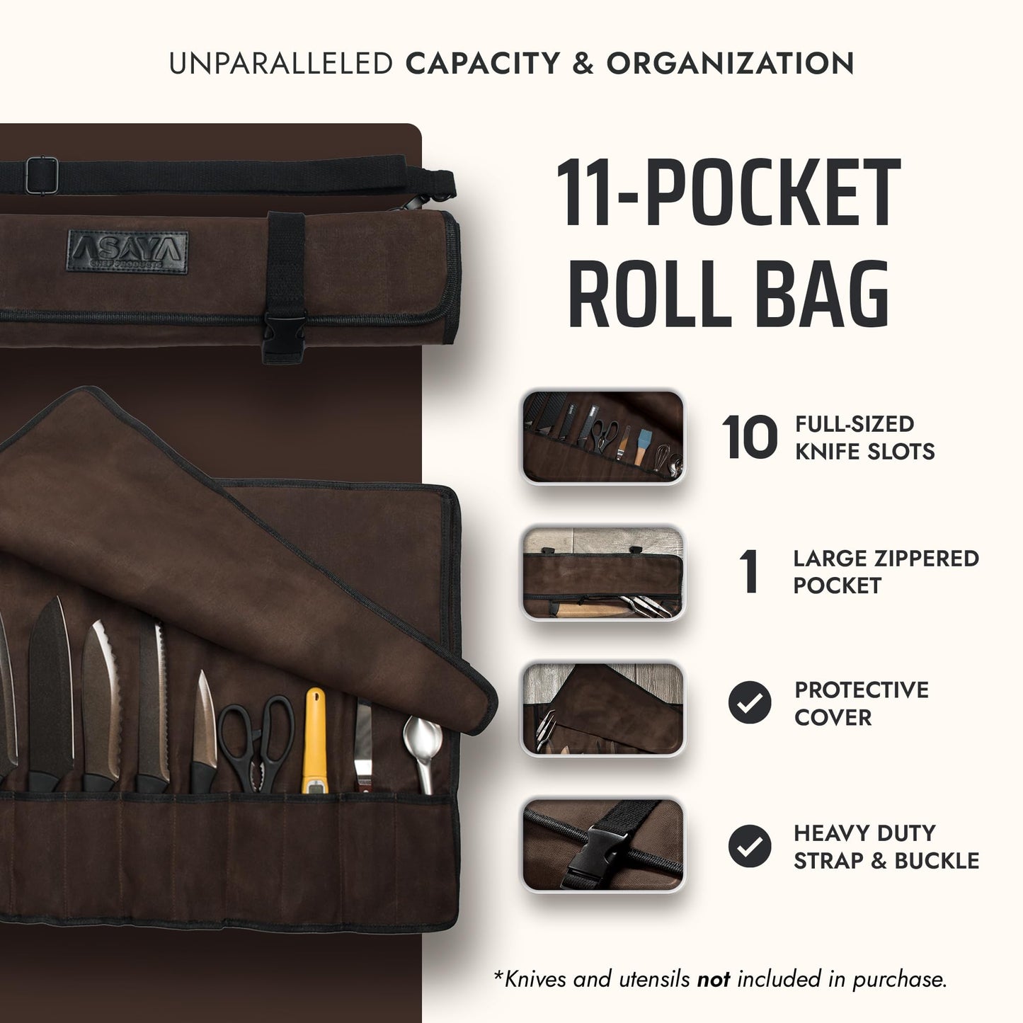 Asaya Waxed Canvas Chef Knife Roll Bag with 10 Slots and a Zipper Pocket - Professional Chef Knife Bag & Storage Case, with Shoulder Strap - Knives Not Included (Brown)
