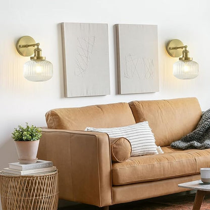 Vintage Wall Sconces with Clear Pumpkin Glass Lampshade, Indoor Bath-Room Wall Sconce, Modern Gold Industrial Lighting Fixture for Mirror Living Room Hallway 1 Pack