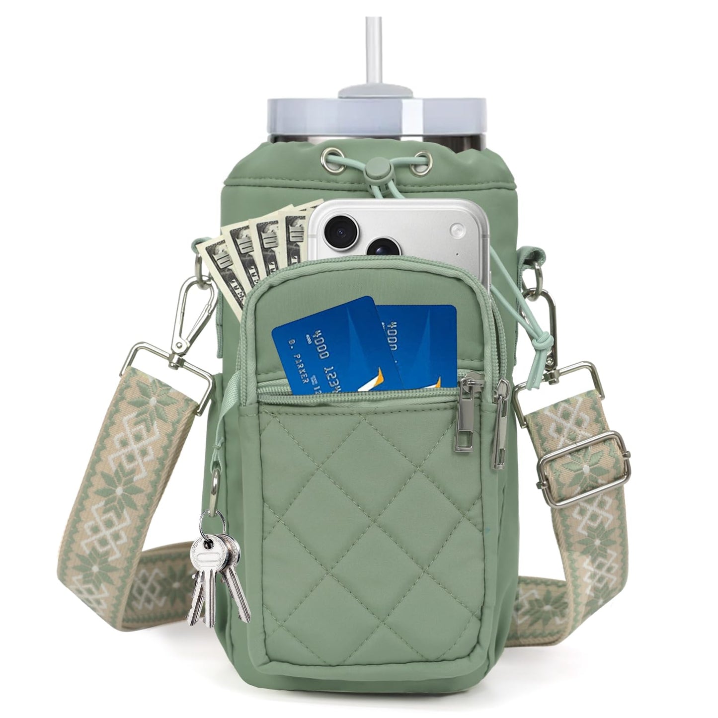 LLParty Water Bottle Holder with Strap, 32oz 40oz Insulated Water Bottle Carrier Bag, Purse Crossbody Sling Bag with Phone Pocket for Walking Hiking, Sage Green