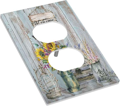 Sunflower Vintage Barn Wooden 1 Gang Single Duplex Light Switch Plate Outlet Cover Sun floral Decorative Wall Plate Switchplate Electrical Faceplate Farmhouse Home Livingroom Decor