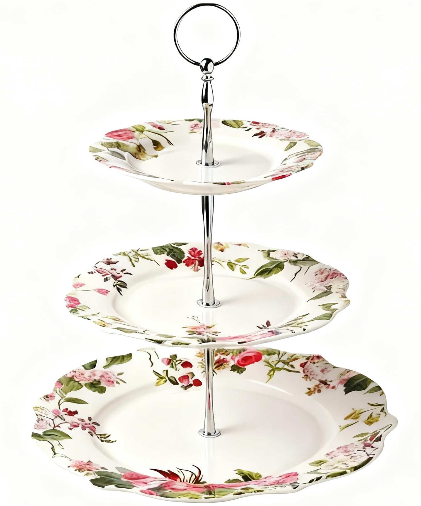 3-Tier 13.5 Inches Big Round White Porcelain Cakes Fruit Stand Plates, Cupcakes Serving Display Set, Ceramic Pastry Dessert Appetizer Candy Buffet Tray Towers Platter for Wedding Home Party - Flowers
