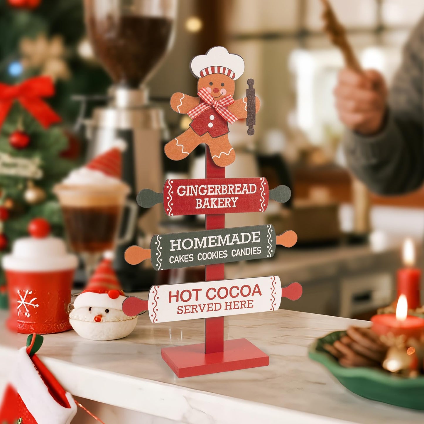 pechpell Wooden Gingerbread Bakery Sign, 15.7" Christmas Gingerbread Man Kitchen Tabletop Decorations, Indoor Holiday Wood Ginger Bread Stand Decorative Signage Table Centerpiece Decor for Home