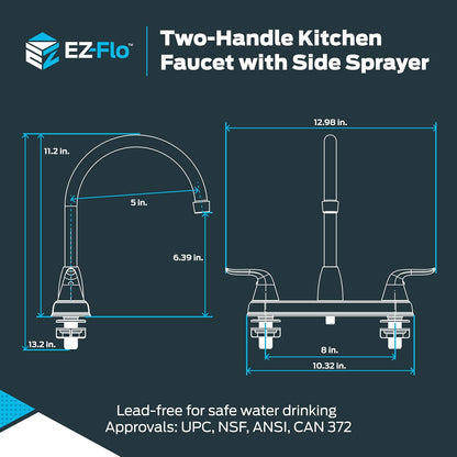 EZ-FLO Two-Handle High-Rise Kitchen Faucet with Sidespray, Stainless Steel, EZ-10203