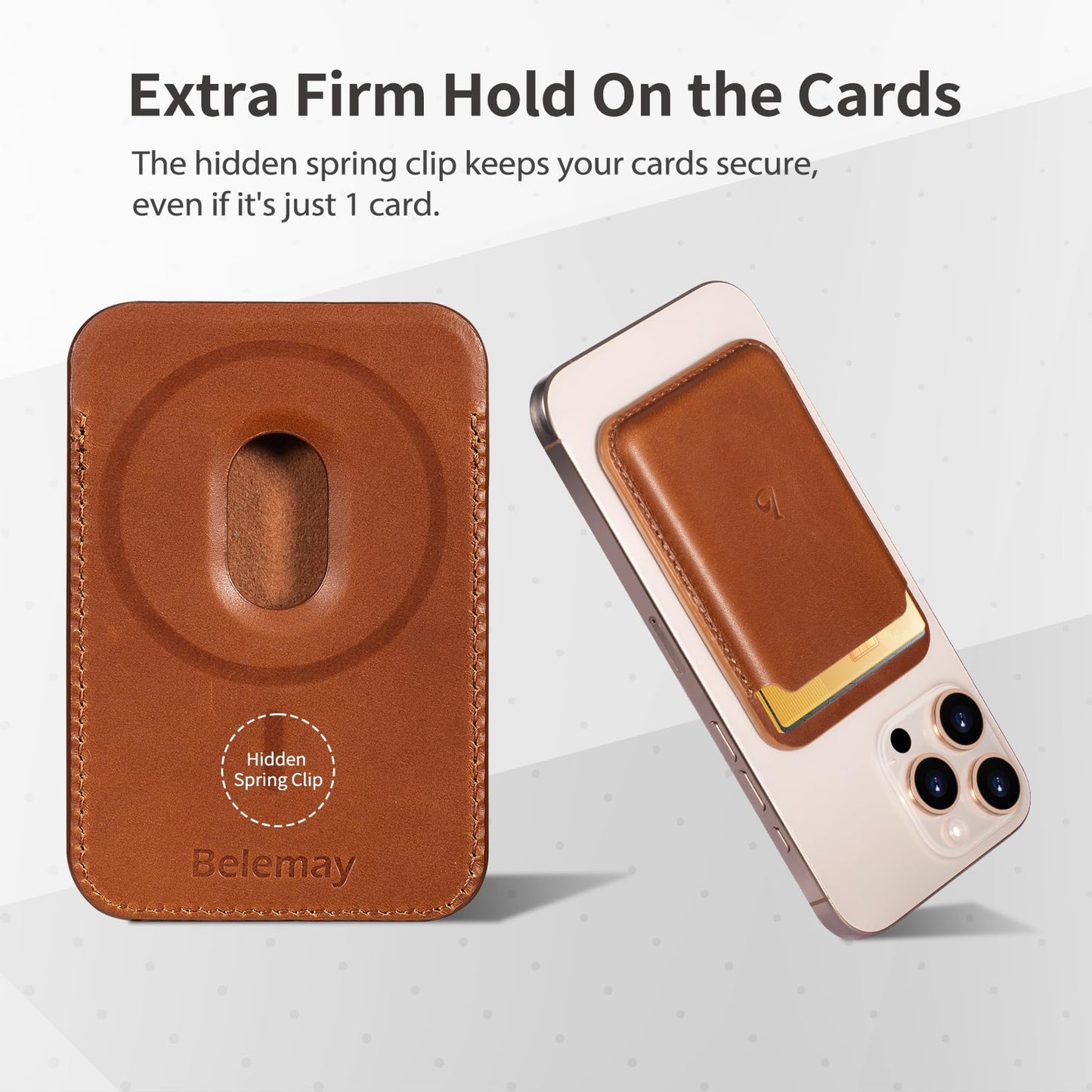 Belemay Strong Magnetic Wallet Compatible with Magsafe, Luxury Minimal Card Holder for 1-2 Cards, Premium Full-grain Smooth Leather Compatible with iPhone 17/16/15/14/13/12 series&MagSafe cases, Brown