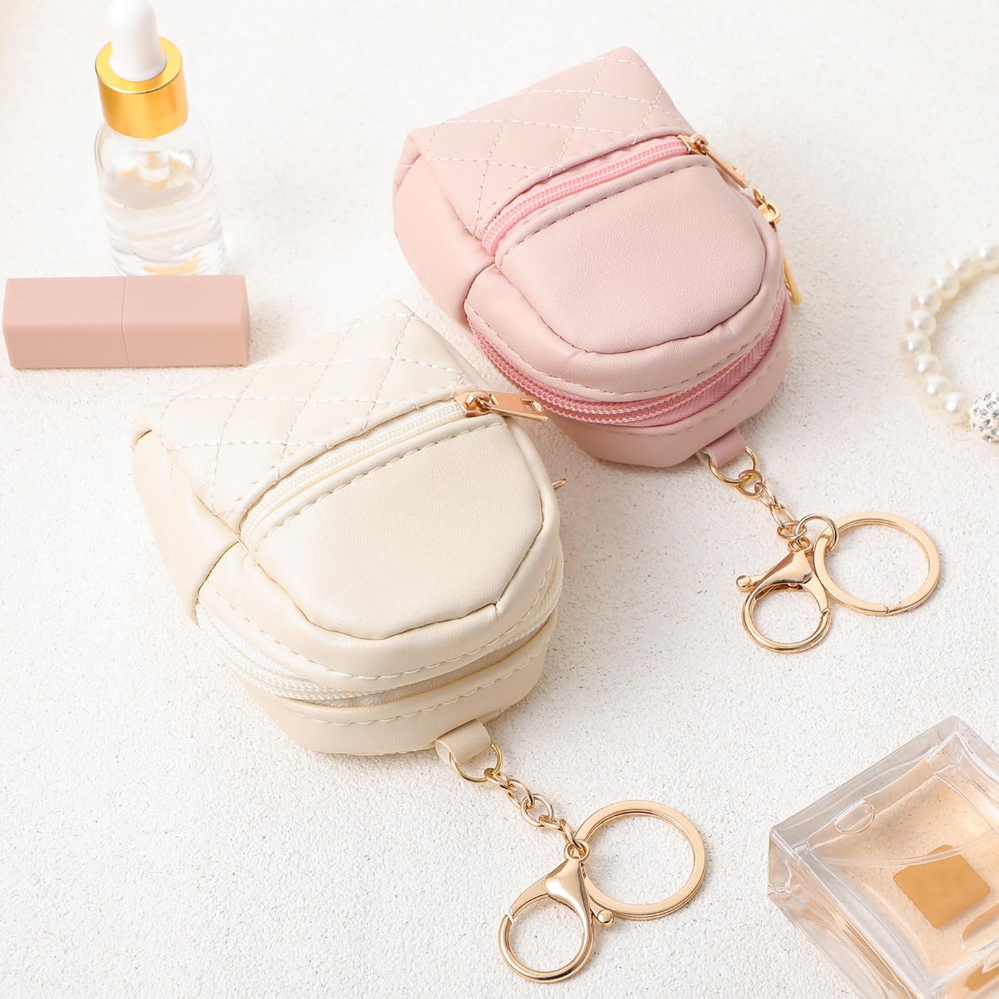 2Pcs Mini Backpack Cute Cosmetic Bag for Women Creative Pendant Keychain Key-chains Keyrings PU Leather Makeup Bag Key Pocket Lipstick Bag Card Holder Data Cable Organizer Zipper Pouch for Women Girl