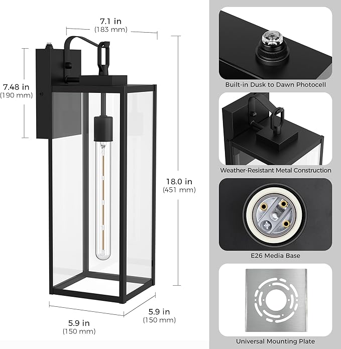 L LOHAS LED 2 Pack 18 Inch Large Size Dusk to Dawn Outdoor Light Fixture, Matte Black Waterproof Anti-Rust Porch Lights Ourdoor, Exterior Lighting Fixtures for Porch, Doorway, Garage, ETL Listed