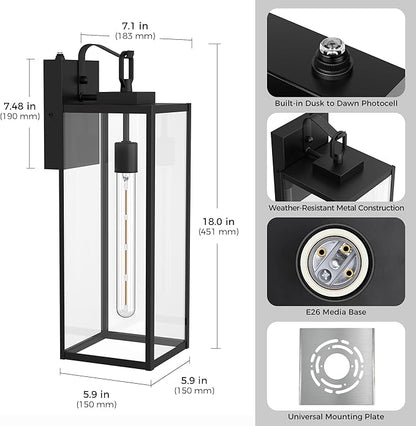 L LOHAS LED 2 Pack 18 Inch Large Size Dusk to Dawn Outdoor Light Fixture, Matte Black Waterproof Anti-Rust Porch Lights Ourdoor, Exterior Lighting Fixtures for Porch, Doorway, Garage, ETL Listed