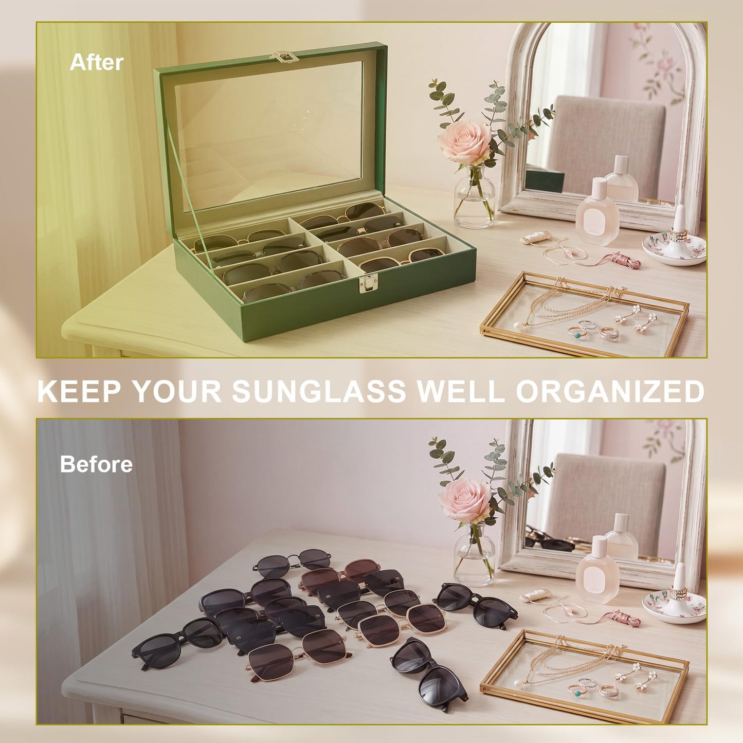 CECOBAG 8 Slots Sunglass Organizer with Clear Top Lid – PU Leather Glasses Case Display Tray, Removable Dividers, Also Suitable for Jewelry Storage-Green