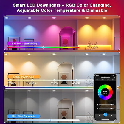2 Inch Smart Recessed Lighting, 5W RGB WiFi LED Downlight, Dimmable RGB Color Changing & CCT 2700K–6500K, Compatible with Alexa & Google Home, 120V Round Recessed Ceiling Light with Driver (4 Pack)