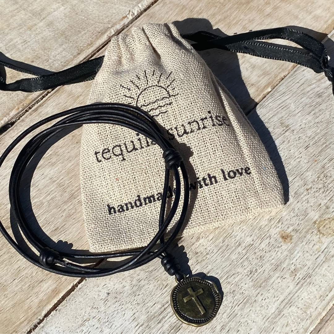 Cross Leather Necklace Mens - Men Cross Coin, Religious Pendant, Medallion Necklaces, Christmas Gift, Catholic Pendant, Christian Charms, Women Gifts to Husband Cute Crosses Best Friend (Gunmetal)