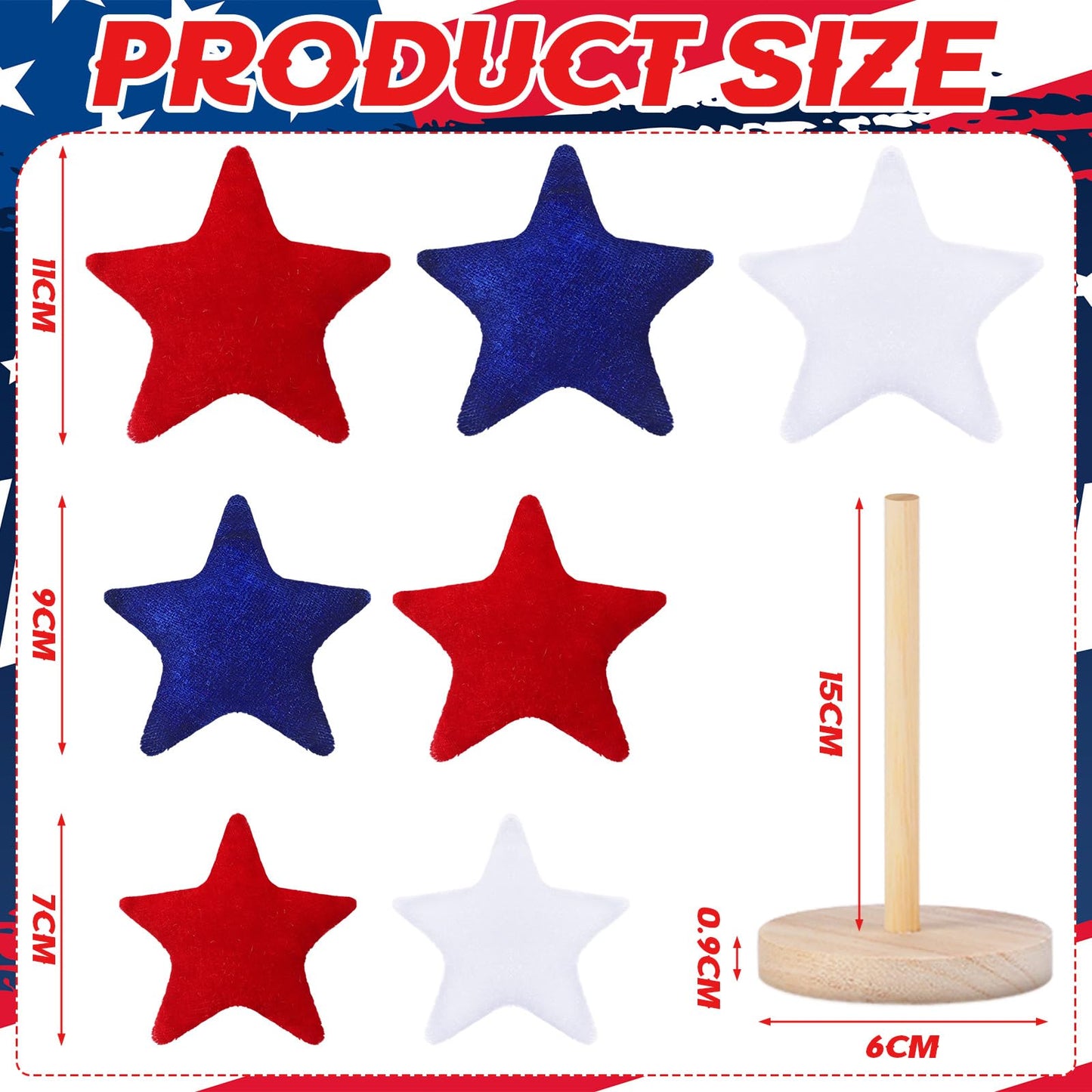 Wenqik 7 Pcs 4th of July Patriotic Decorations Velvet Red White and Blue Star Sign Standing Wooden Star Tabletop Centerpiece 250th Anniversary Independence Day Decor for Home Indoor Table Office Party