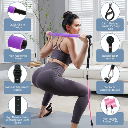 kisnbld Pilates Bar Kit with Resistance Bands, Multifunctional Pilates Bar with 3 Set Exercise Resistance Bands, Portable Pilates Equipment for Women Home Gym Yoga Workouts