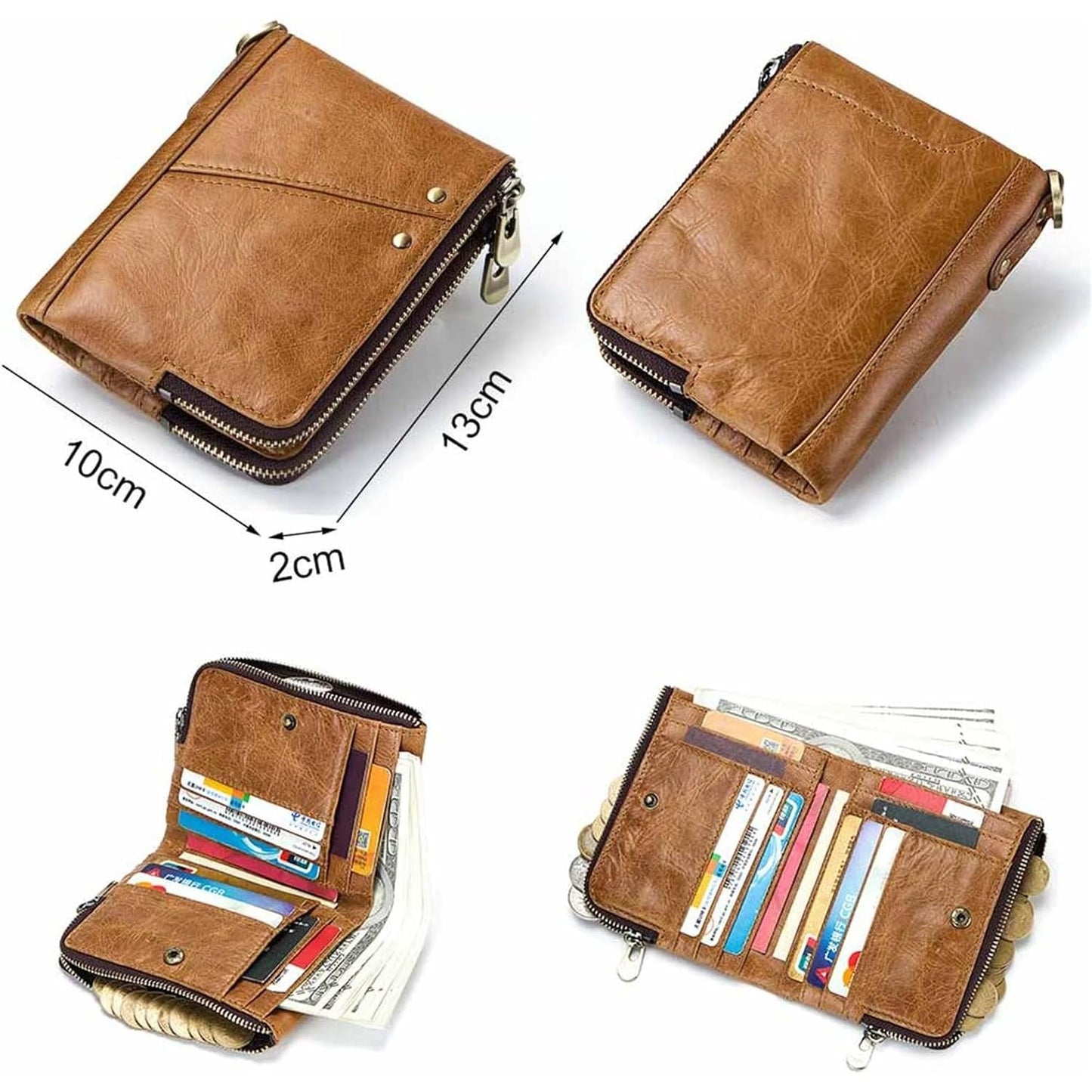 ZYLOXAR Genuine Leather Wallet for Men RFID Blocking Cowhide Vintage Chain Bifold Double Zipper Snap Closure Slim Large Capacity 12 Card Slots (Yellow)