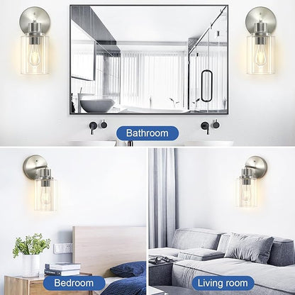 GORDNWE Set of 2 Bathroom Wall Sconce, Brushed Nickel Vanity Light, Modern Wall Light Fixture with Clear Glass Shade and E26 Bulb Base, Wall Lamp Wall Mount Light Fixtures for Mirror, Bedroom