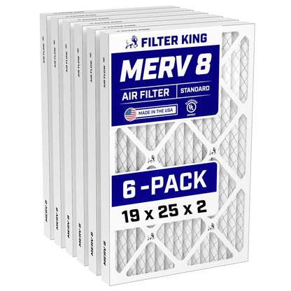 Filter King 19x25x2 Air Filter (MERV 8) (6-Pack) Dust & Allergy Control AC Furnace Filters, MADE IN USA, HVAC, Pleated, Electrostatic (Actual Size: 18.5x24.5x1.75)