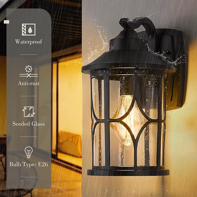 zeyu Outdoor Wall Mount Light, 14.6 Inch Industrial Exterior Wall Light for Porch, Die-Cast Aluminum with Seeded Glass, Black Finish, ZX48MB BK