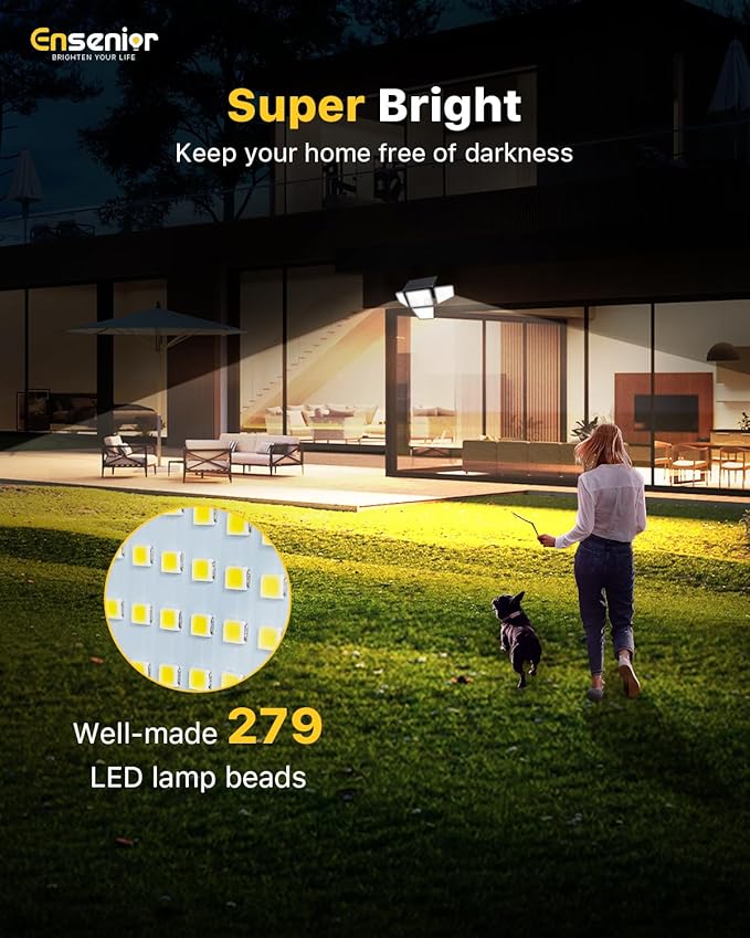 Ensenior Solar Lights Outdoor, IP65 Waterproof Motion Sensor Outdoor Light with Remote Control, 279 LED 4 Heads Solar Security Light with 4 Mode, 270° Wide Angle Solar Flood Light for Outside, 2 Packs