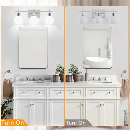 Modern Vanity Lighting Fixtures,3-Light Bathroom Lighting Fixtures Over Mirror，Brushed Nickel Wall Mounted Bathroom Vintage Lamp with Milky White Glass Lampshade for Living Room，Bedroom