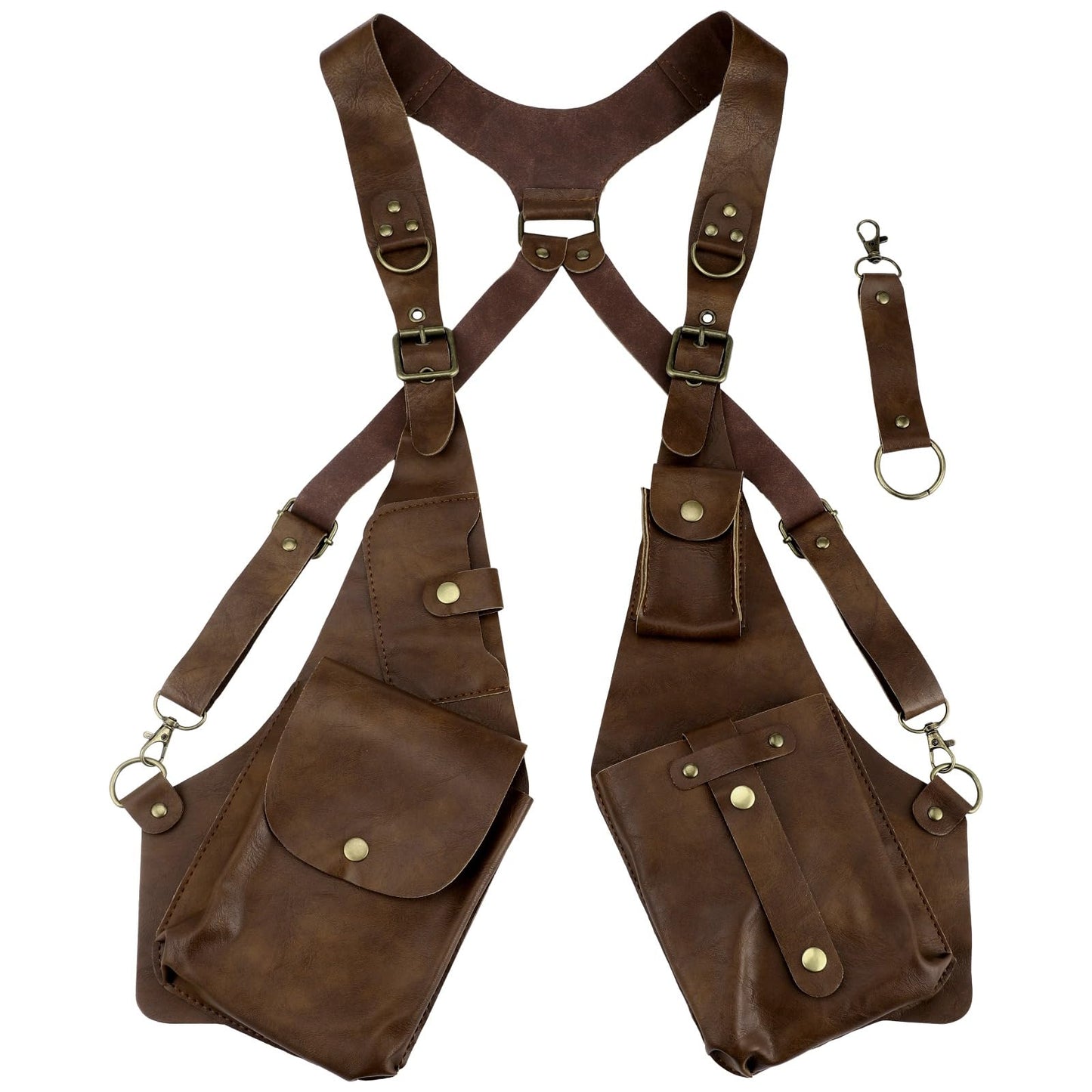 Anti-Theft Double Shoulder Underarm Bag Adjustable PU Leather Harness Chest Rig, Body Fit Vest Pouch with 4 Pockets, Vintage Viking Punk Crossbody Utility Bag for Travel Festival Cosplay