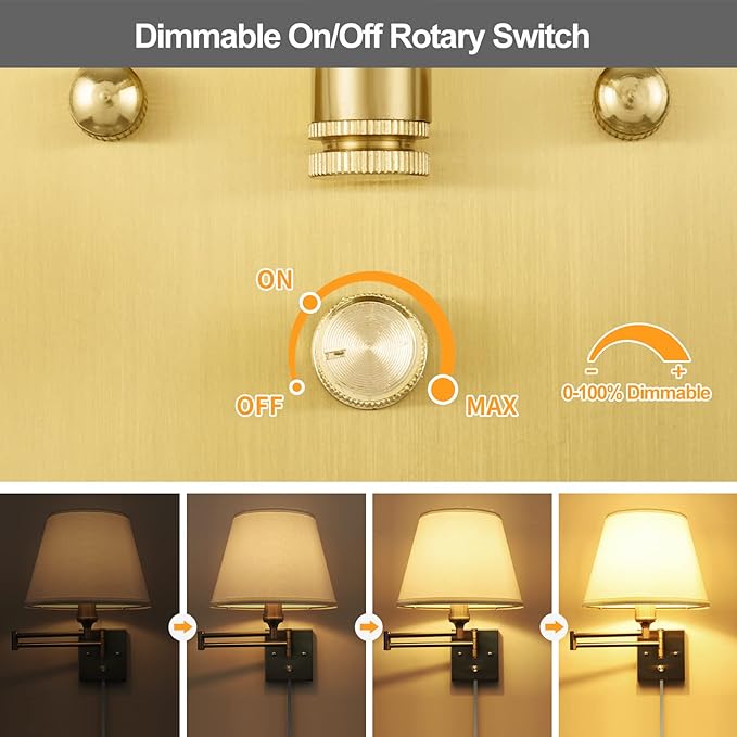 TRLIFE Wall Sconce Plug in, Brushed Brass Dimmable Wall Sconces Set of 2 Swing Arm Wall Lights with Plug in Cord and Dimmer On/Off Knob Switch, 9.4" Medium White Fabric Shade(2 LED Bulbs Included)