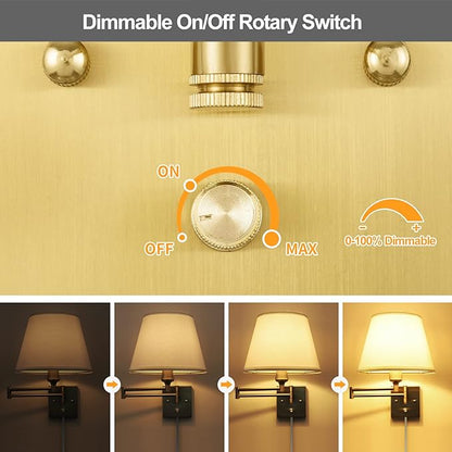 TRLIFE Wall Sconce Plug in, Brushed Brass Dimmable Wall Sconces Set of 2 Swing Arm Wall Lights with Plug in Cord and Dimmer On/Off Knob Switch, 9.4" Medium White Fabric Shade(2 LED Bulbs Included)