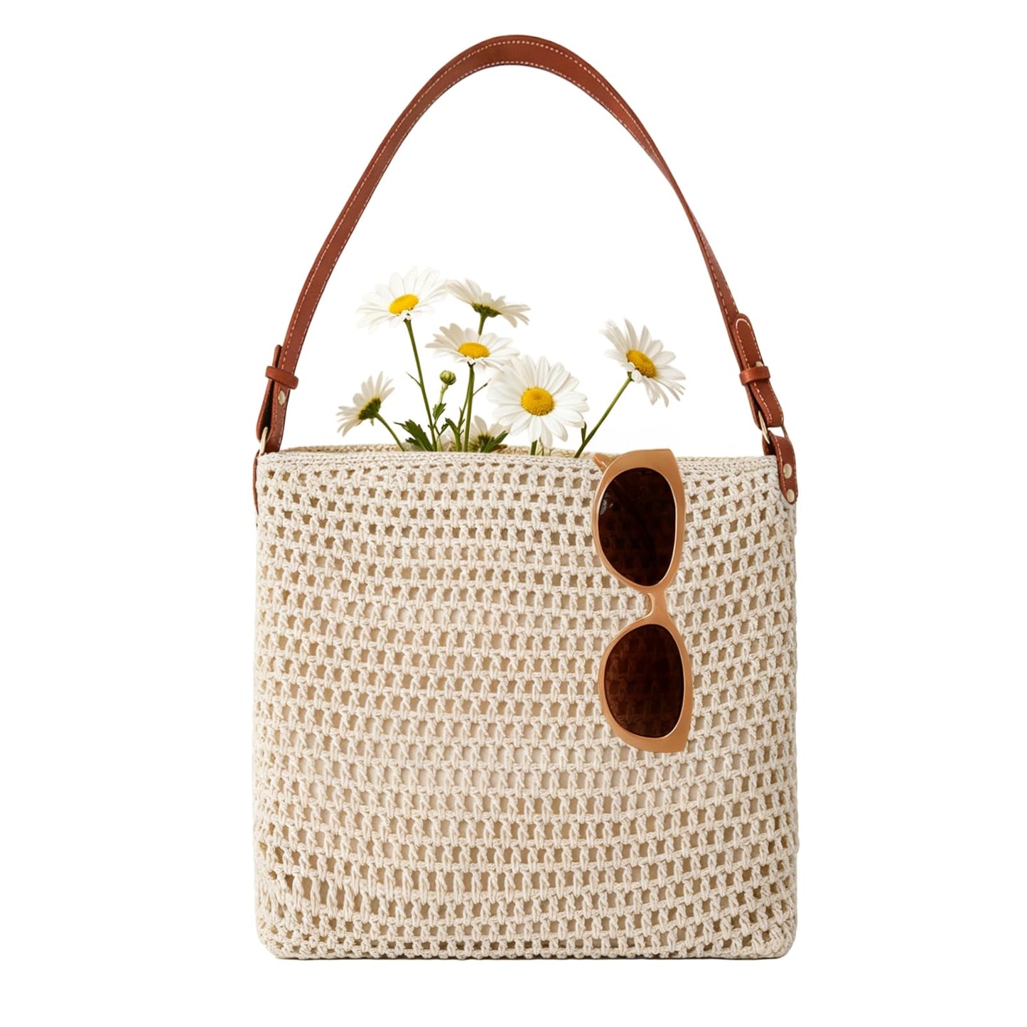 OKoriensuntek Crochet Bag Woven Tote for Women, Cotton Rope Straw Beach Bag with Adjustable Leather Shoulder Strap, Magnetic Snap Summer Bag for Everyday & Travel