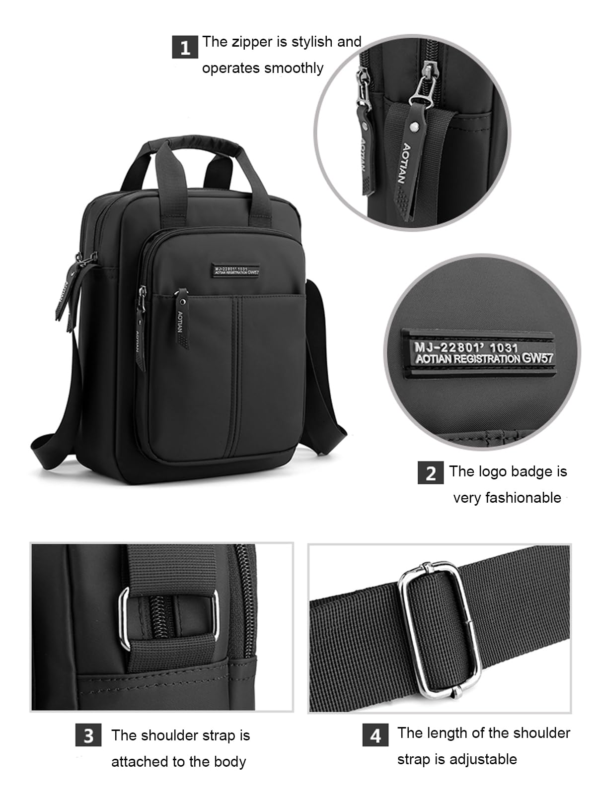 natyrlpog Men's Shoulder Bag Nylon Crossbody Bag Waterproof Casual Black Messenger Bag for Work Travel, Black