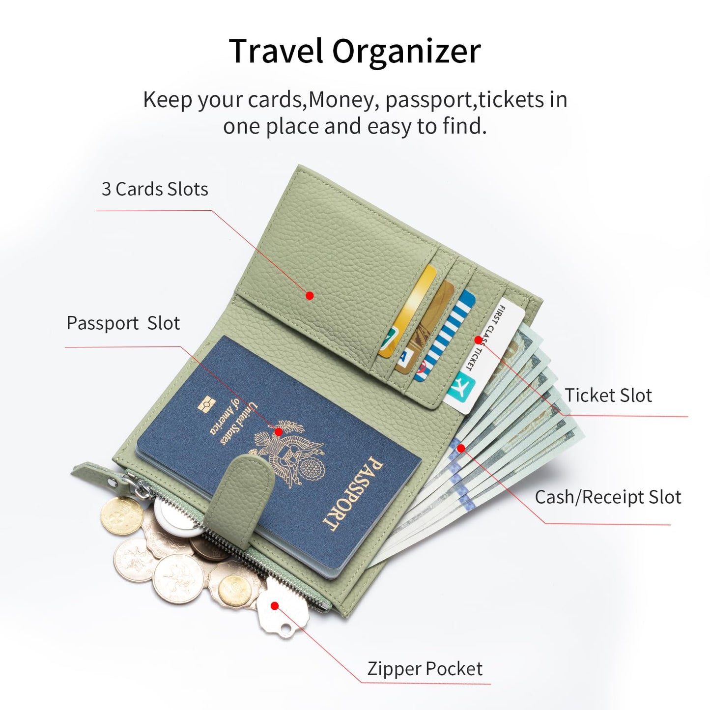 ilovever Passport wallet and Card Slot Combo RFID Blocking Slim Leather Travel Passport Wallet for Men and Women with Zippered Coins Pocket Passport holder, Light Green
