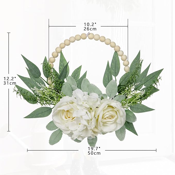 Spring Wreaths for Front Door 10" Artificial Floral Wood Bead Wreaths Eucalyptus Leaves Rose Hydrangea Wreaths for Front Door Boho Farmhouse Wall Decor 2 Pack - White