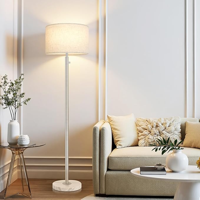Floor Lamp for Bedroom,Dimmable Brushed Nickel Floor Lamp,Modern Standing Lamp with Marble Base,Tall Standing Lamp for Bedroom, Reading,Office & Kids' Room,LED Bulb Included