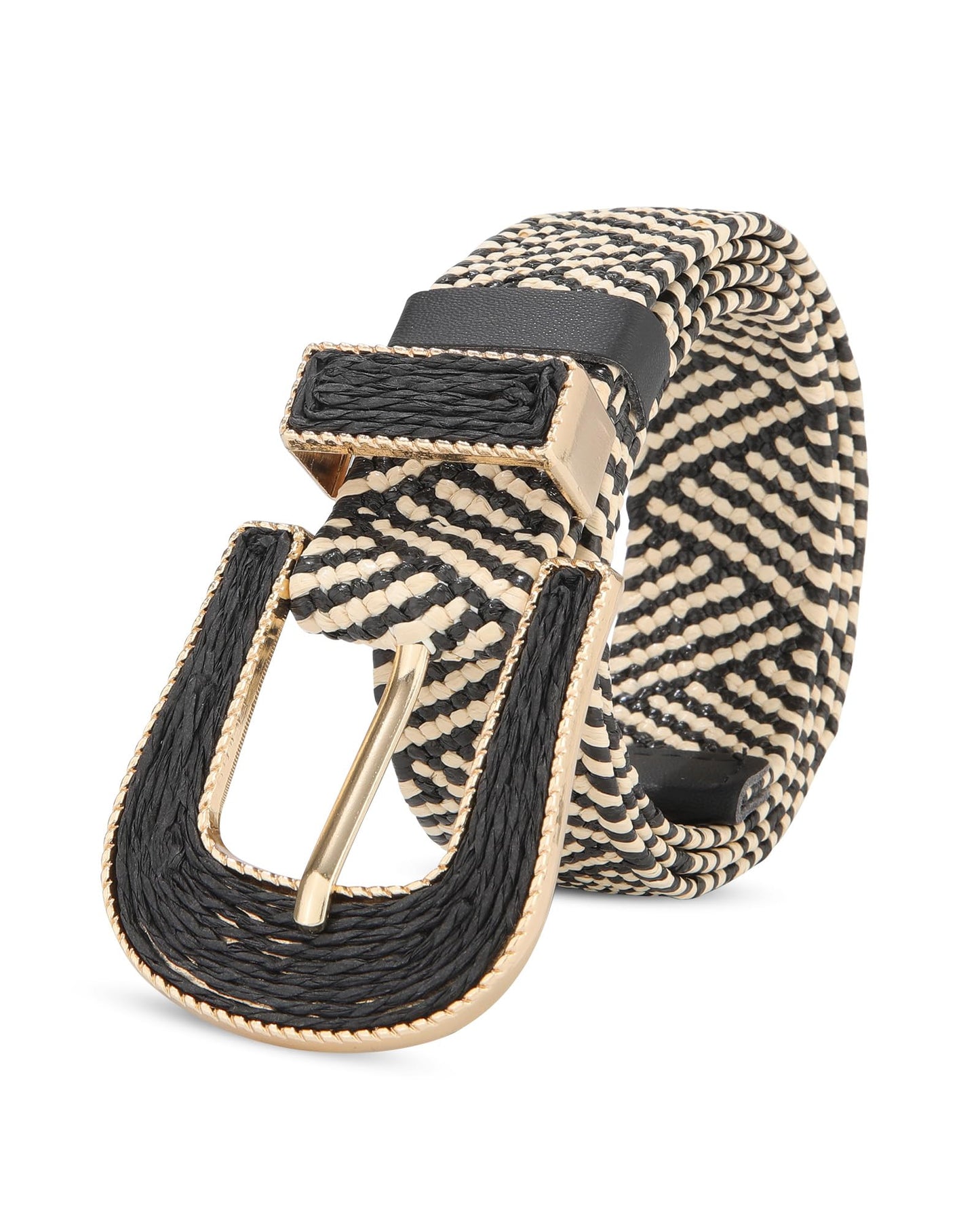 AWAYTR Womens Boho Woven Belt - Easy Care Plastic Elastic Belt with Handmade Raffia Buckle for Daily Vacation Work,Black with Beige Stripes,Fit Waist 31''-36''