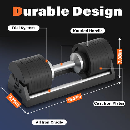 SNODE AD80 Drop Proof 80 lbs Adjustable Dumbbell Set -Adjustable Weights with Cast Iron Plates and Cradle, Knurled Handle, Fast Adjust, Compact Home Gym Equipment for Bench & Press