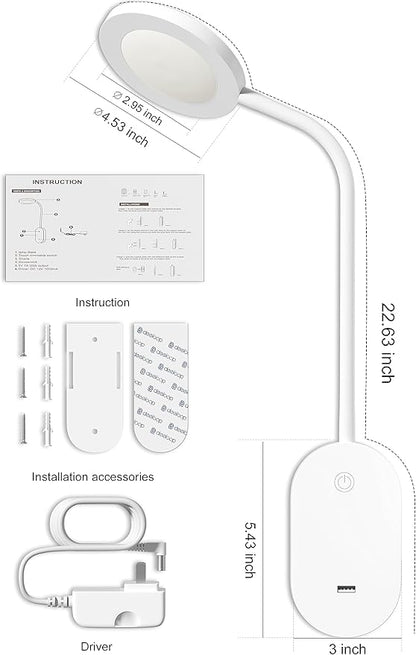 deeloop Wall Mounted Reading Light,Book Lights with USB Output, Reading Lamps for Bed Headboard in 4 Hours Auto-Off, Touch Control Wall Lamp with 5 Dimmable Flexible Gooseneck Bedside Lamps White