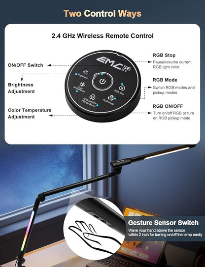 LED Desk Lamp with Clamp, 18W Dual Light Architect Desk Light, Adjustable Swing Arm RGB Light Sensor Switch, Eye-Caring 4 Modes Stepless Dimming Table Lamp for Home Office Reading Study Gaming