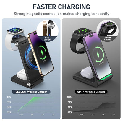 GEJIUCAI Magnetic Wireless Charger Stand, 3 in 1 Foldable Wireless Charging Station, Travel Charger for Multiple Devices for iPhone 16 15 14 13 12 Series, Apple Watch Ultra/9/8/7/6/5/4/3/2, AirPods