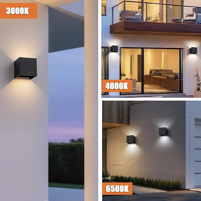 4 Pack LED Outdoor Wall Sconces Exterior/Interior,Modern Black Square Aluminum Wall Light Fixture Set,Variable Beam IP65 Waterproof Lights.15W 3-Color-Changeable Up and Down Outdoor Lighting Fixtures.