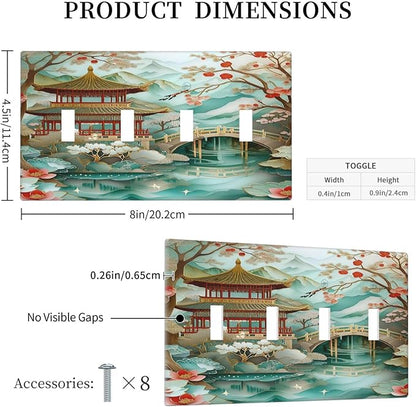 Asian Palace Traditional Bridge Cherry Blossoms Light Switch Covers Quad Toggle 4 Gang Wall Plate Decorative Switchplate Electrical Faceplate for Farmhouse Bathroom Living Decor