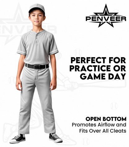 Penveer Youth Baseball Pants, Full Length Open Bottom Boys Baseball Pants with Durable Snap, Softball Pants, T Ball Pants (Black, YXS)