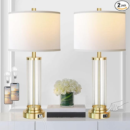 QiMH Touch Control Table Lamp Set of 2 with USB Ports, 3-Way Dimmable Nightstand Lamp with Fabric Cream Shade, Modern Bedside Lamp for Living Room Bedroom Reading, LED Bulbs Included