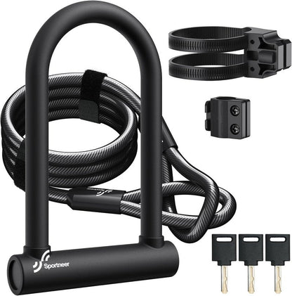 Sportneer Bike U Lock - Heavy Duty 18mm Shackle with 6ft Security Cable | Fits Road, Mountain & Electric Bikes, 9.85''x6.3''