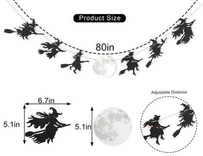 Halloween Witch Full Moon Garland - Wood Witches Banner, Halloween Spooky Fireplace Decor, Autumn Home Decor
